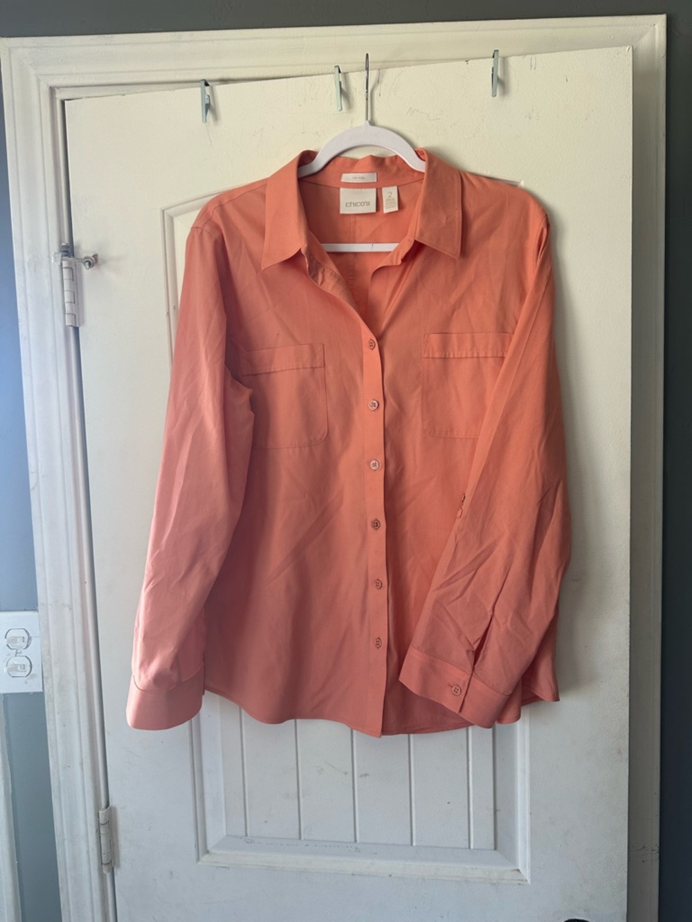 Chico's No-Iron Coral Pink Button Down Utility Shirt Roll Tab Sleeve - Size 2